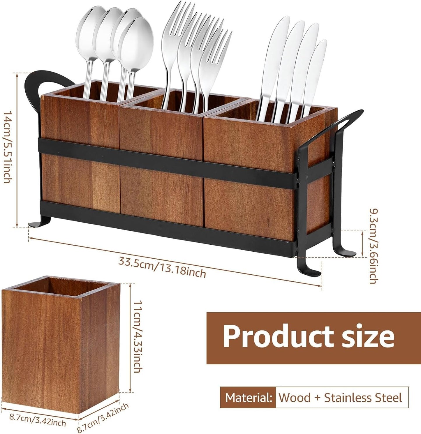 PHWRECZ Utensil Caddy 3 Compartments Wood Utensil Organizer Cutlery Holder for Spoons Fork Multifunctional Cutlery Storage Holder with Handle Removable Kitchen Utensil Holder 13.2×3.66×5.5 Inch