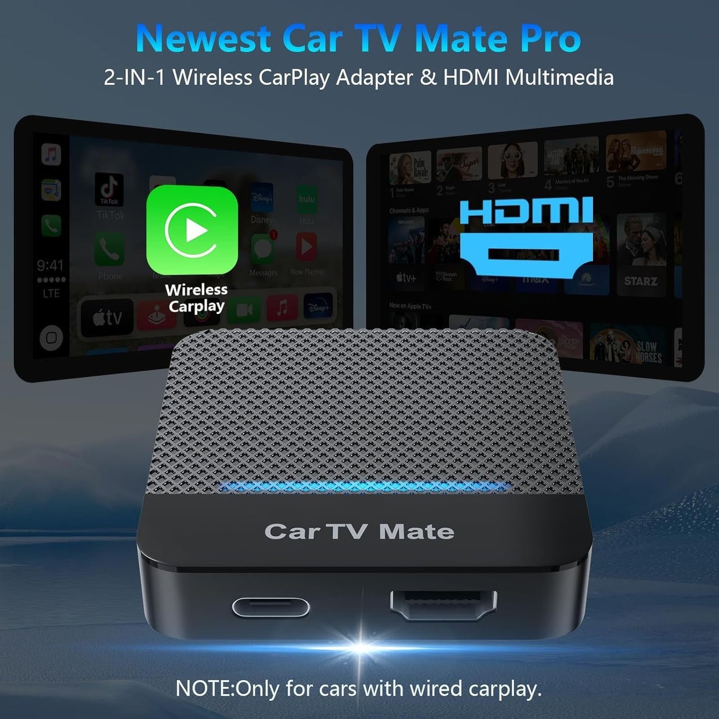 Car TV Mate, 2025 2 in 1 Car TV Mate Pro with Wireless CarPlay for OEM Wired CarPlay Cars, Fire TV Stick Converter with 5.8GHz WiFi for Game Machine/Set-top Boxes, Wireless CarPlay Adapter for iPhone