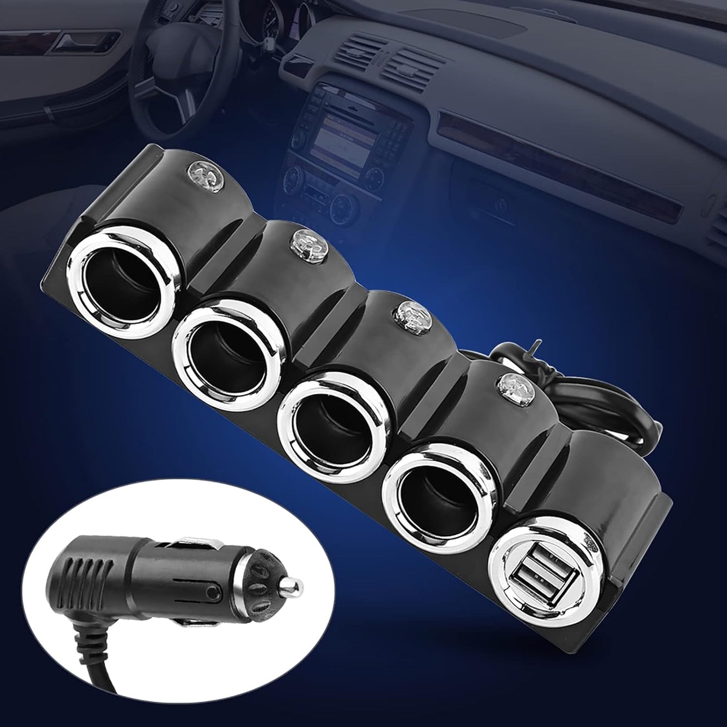 Cigarette Lighter, DC 12V/24V USB 4 Way Cigarette Lighter Socket Splitter with Two USB Ports, Charger Adapter for Electronic Equipment