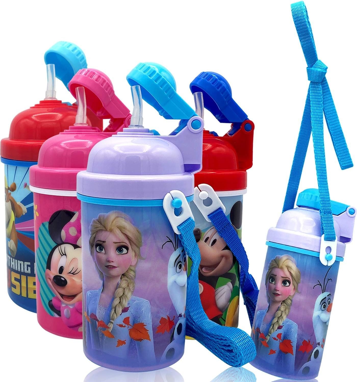 Disney Frozen Deluxe Carrying Strap One Touch Water Bottles with Reusable Built in Straw (Snow Canteen 16.9oz)