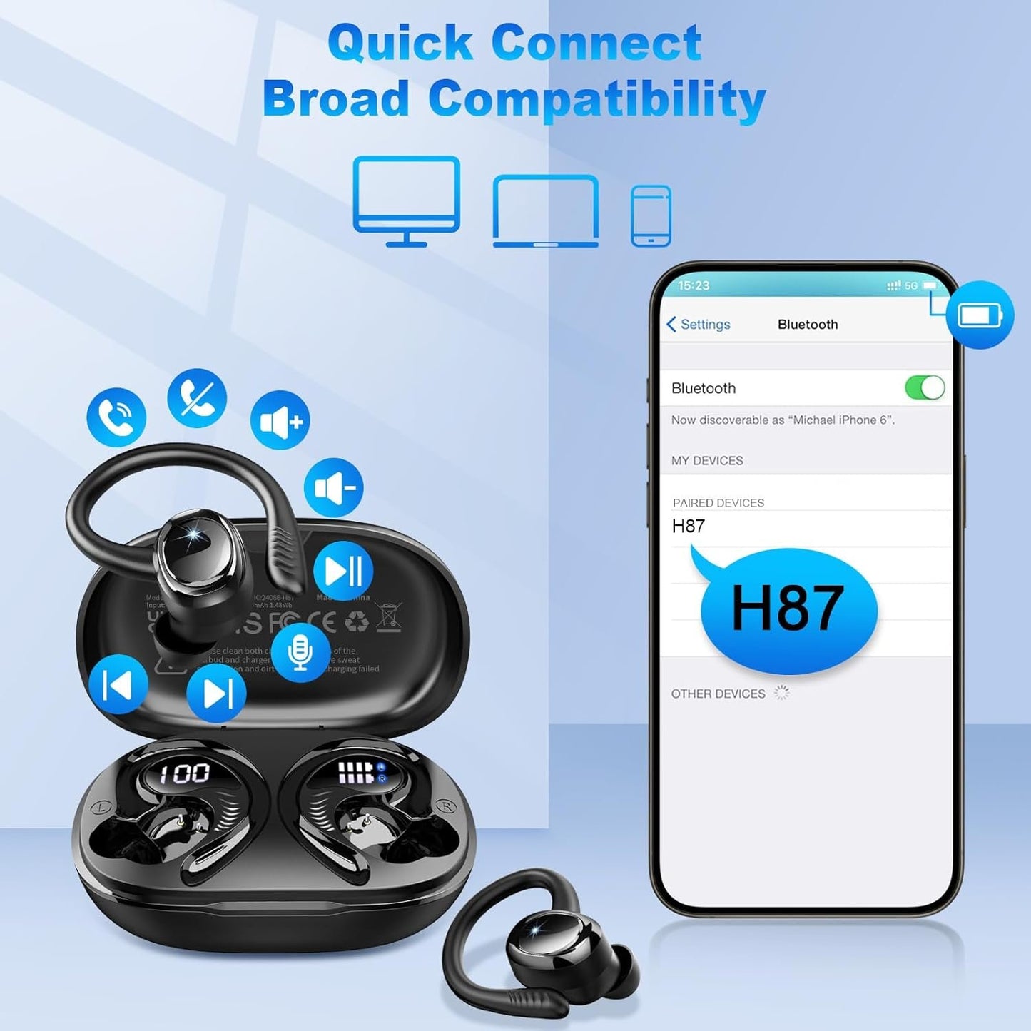 Wireless Earbuds, 2025 Bluetooth V5.4 Headphones Sport, Bluetooth Earbuds with 4 ENC Noise Cancelling Mics, 50H HD Stereo Bass Wireless Headphones, IP7, LED Display, USB-C Ear Bud for Workout/Running
