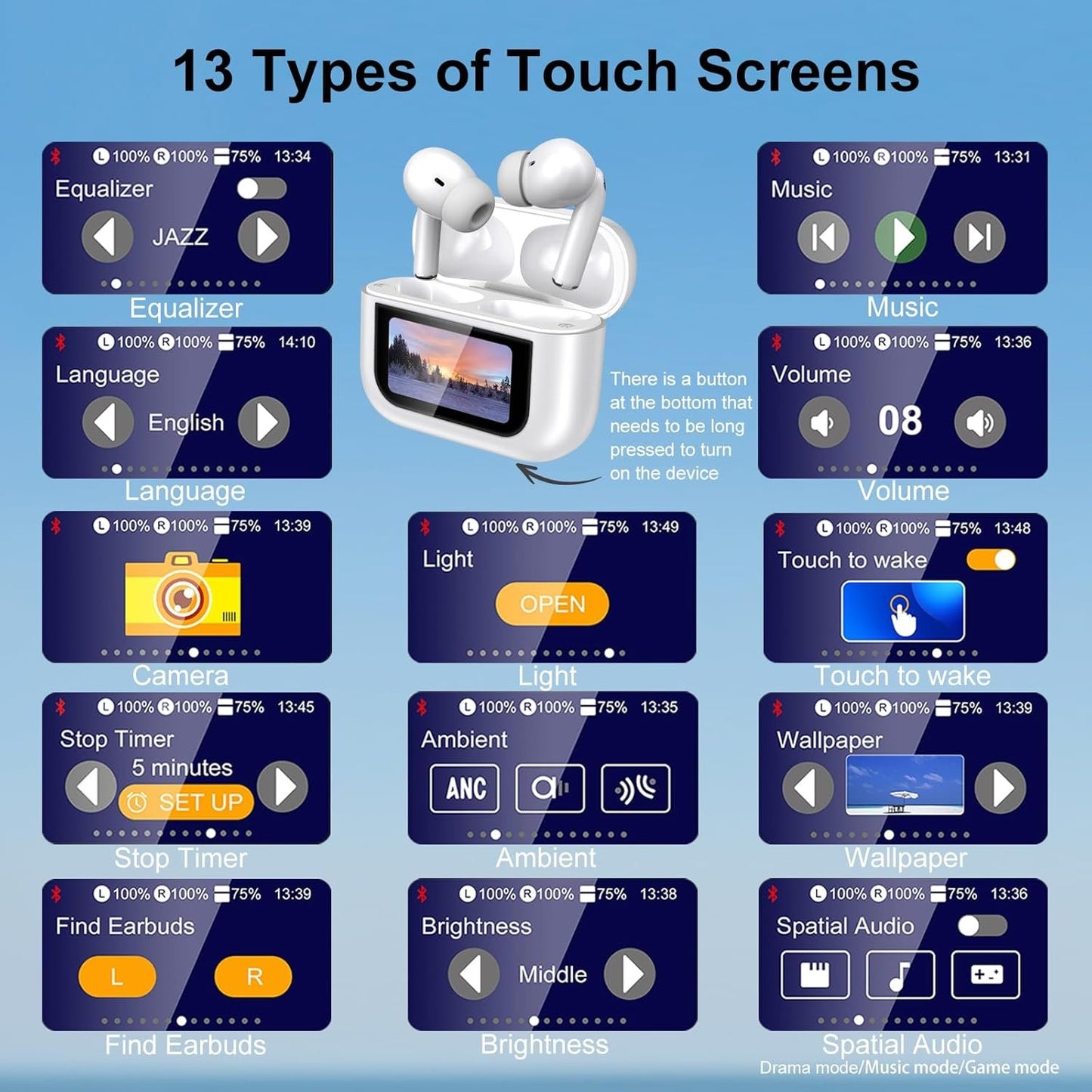 Smart Earphones with Touchscreen, Touch Screen Earbuds, 13 Functions Wireless Headphones Bluetooth 5.4, Touch Buds with LED Screen, ANC/ENC Noise Cancelling, 40H Playtime, for iOS Android, White