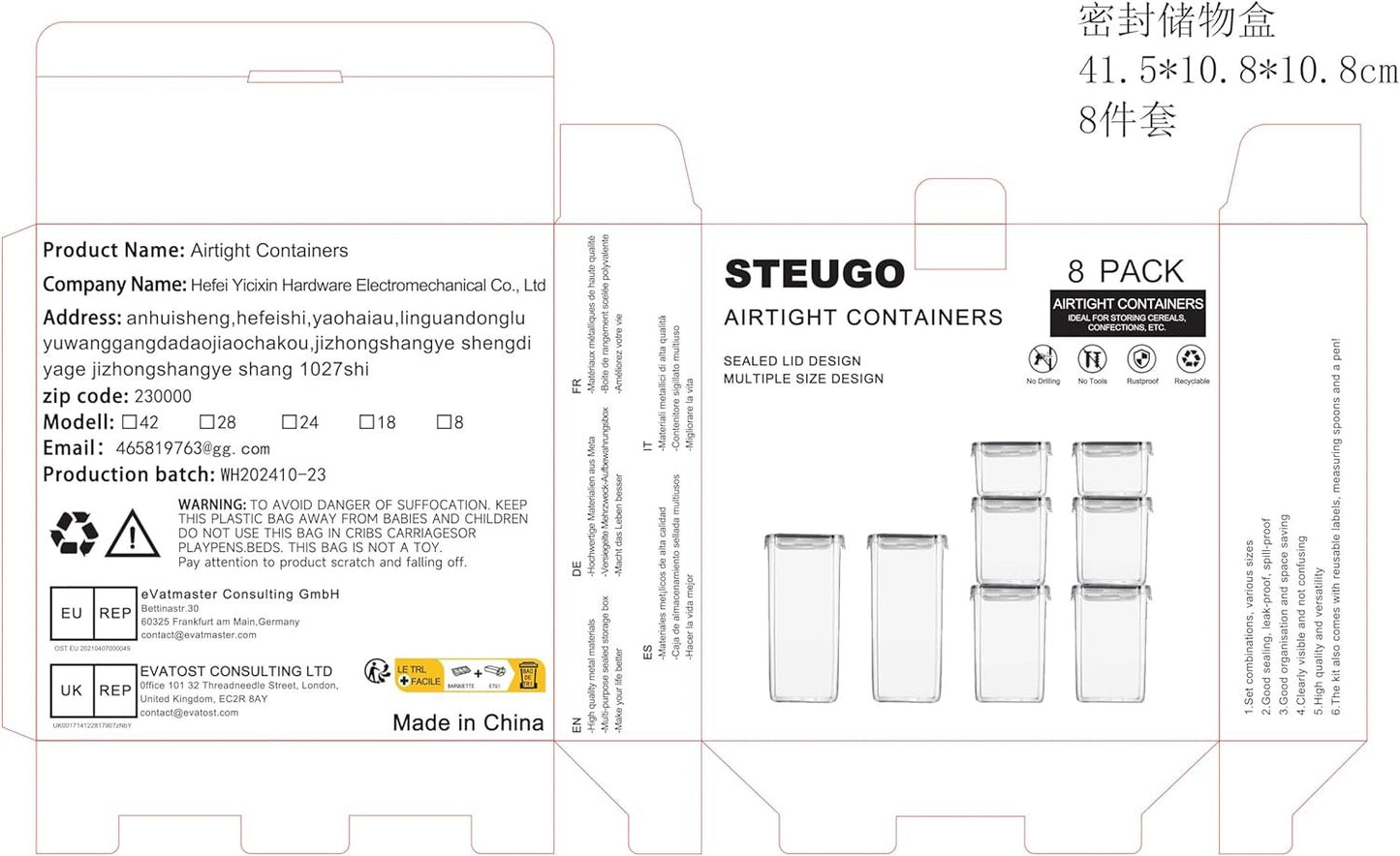 stusgo 8 Pack Airtight Food Storage Containers Set - Cereal Storage Containers for Kitchen Storage & Organisation with Lids & BPA Free Pantry Organiser