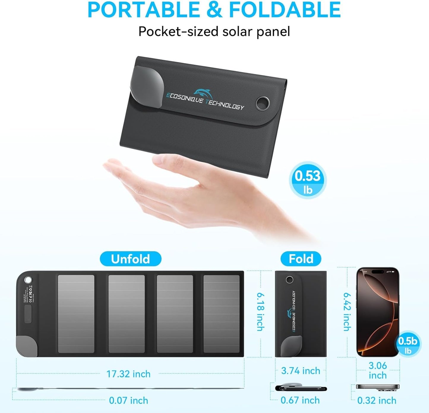 Ecosonique 8W Portable Solar Chargers 5V USB-C Small Power Emergency Foldable Solar Panels for Camping Hiking Backpacking for Phones Smart Watches Fans Flashlight Small Power Banks Battery Packs