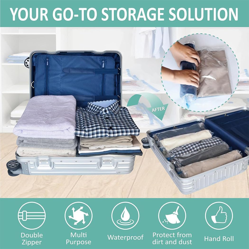 iDopick 8 Pack Compression Bags for Travel,Cream Roll Up Space Saver Bags Reusable Seal Clothes Bags,No Pump Needed Vacuum Storage Bags for Luggage, Suitcase, Backpack, Travel Essentials (35x50cm)