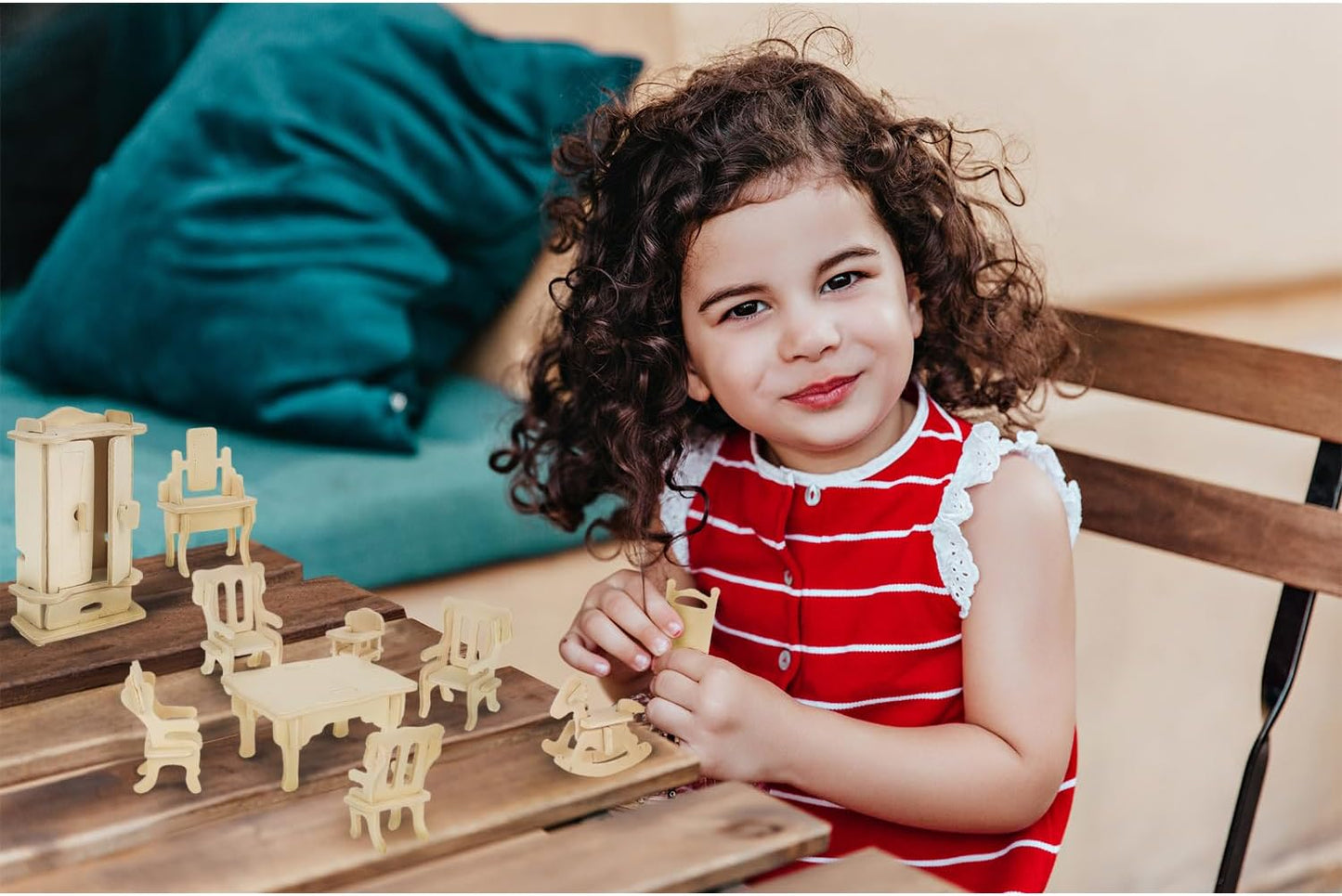 Dollhouse Furniture Set, Customizable 34 Pieces Kitchen Bathroom Living Room Bedroom Children's Room DIY Wooden Set 23542