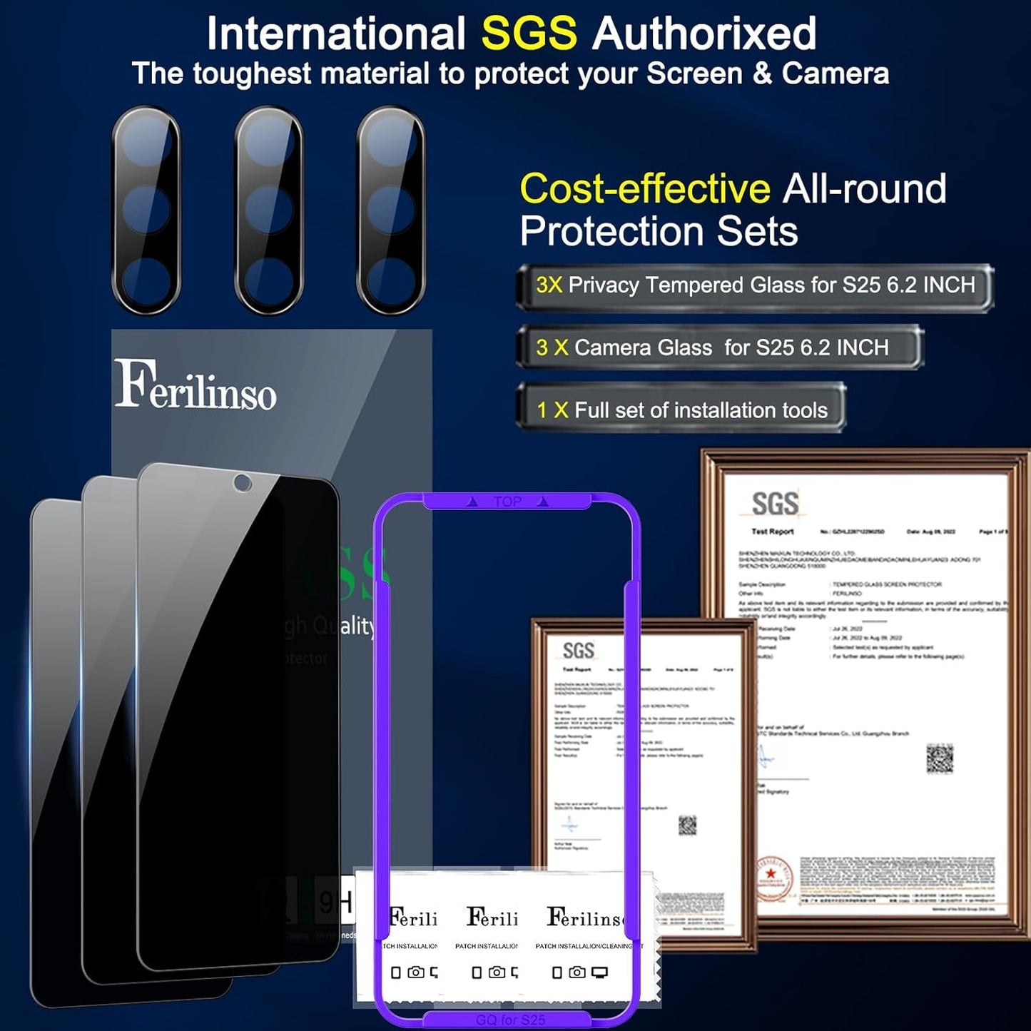 Ferilinso Full Coverage 3 Pack Privacy Screen Protector for Samsung Galaxy S25 [Phone Case fit], 3 Tempered Glass Camera Lens Accessories for Samsung S25