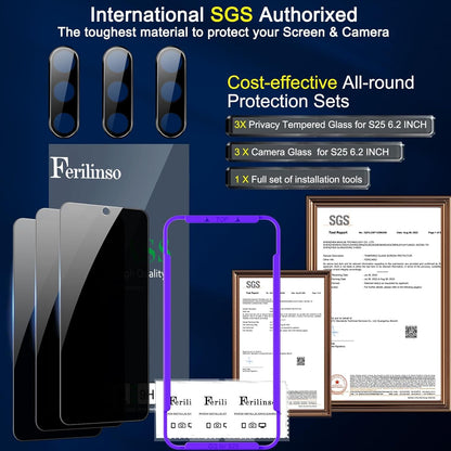 Ferilinso Full Coverage 3 Pack Privacy Screen Protector for Samsung Galaxy S25 [Phone Case fit], 3 Tempered Glass Camera Lens Accessories for Samsung S25