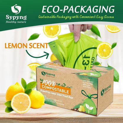 Trash Bags 100% Biodegradable and Compostable Drawstring Lemon-Scented, Large Eco-Friendly,50 Bags/Roll, Extra Thick:1,1 Mils, Compost Home Certified (Green, 13-17 Gallons)