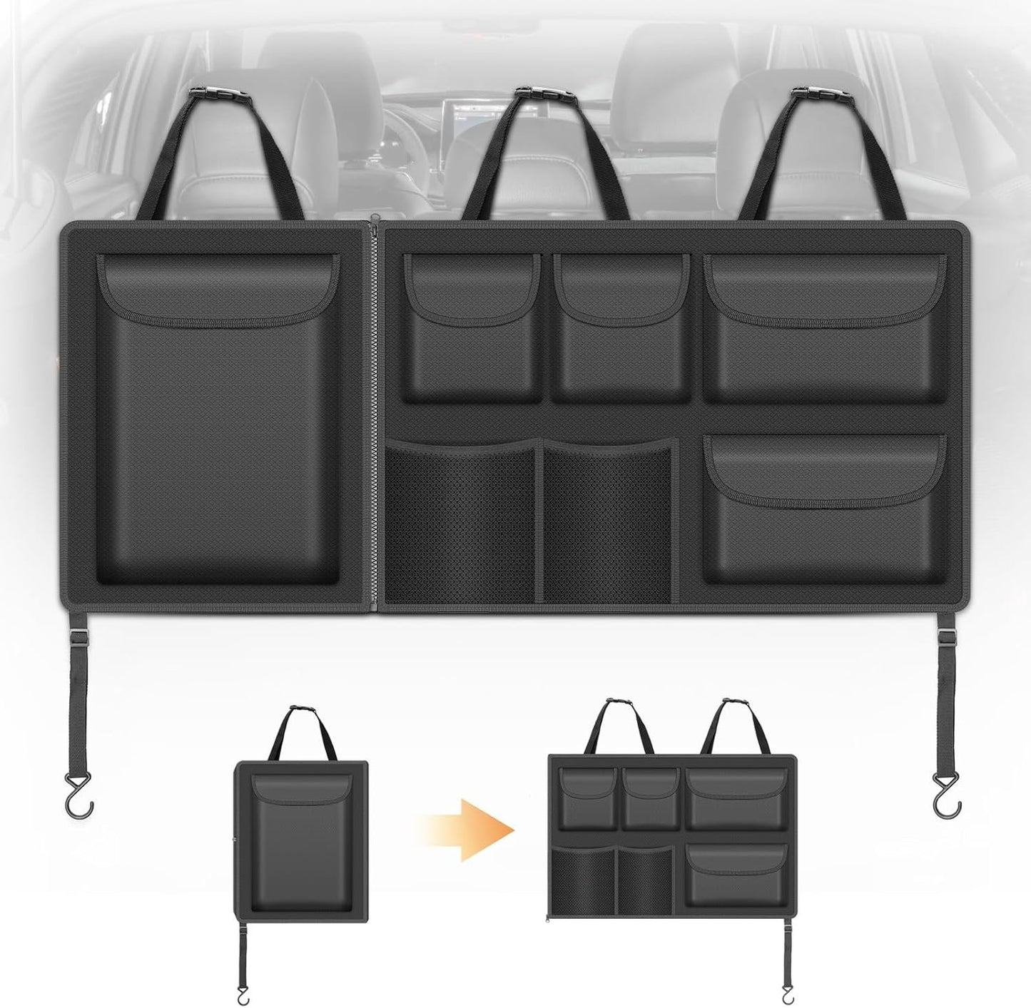 Automiim Detachable Hanging Trunk Organizer, Foldable Car Trunks Organizer Back Seat Hangings with 7 Large Compartments, Hanging Trunk Organizer for SUVs, Jeeps, Hatchbacks