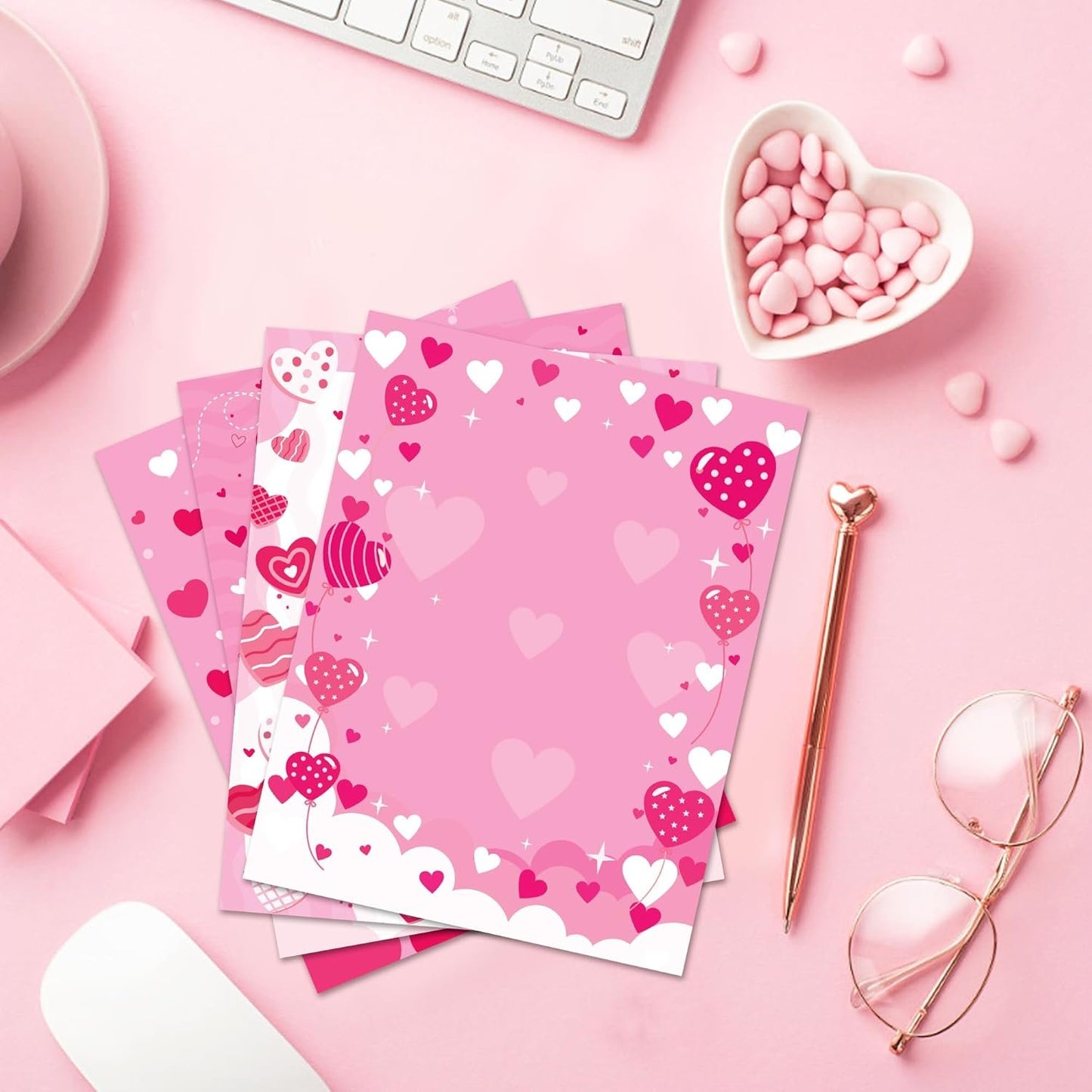 GLKTOPO 60 Sheets Valentine's Day Stationery Paper A4 Border Letterhead - Double Sided Pink Love Festival Writing Letter Paper for Notes Cards Invitation Crafts Printing Supplies - 8.5" x 11"