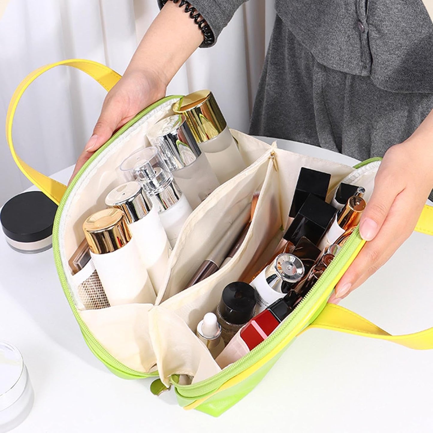 Cosmetic Bags Traveling, Travel Makeup Bag, 10,63 x 2,76 x 8,27 pollici, custodia in pelle impermeabile, spazzola sicura, compatta Beauty Organizer per viaggi e uso quotidiano, verde