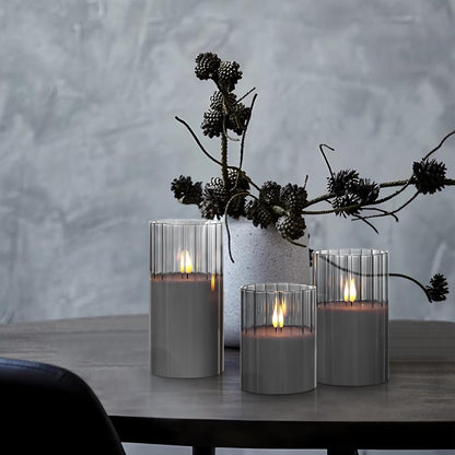 Rhytsing Smoked Ribbed Glass Battery Operated LED Candles with Remote, Flameless Candle with Timer Gift Set for Home Decor, Warm White Lights- Include 6 Batteries - Set of 3