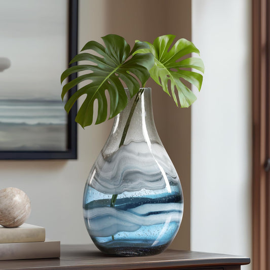 Torre & Tagus Andrea Glass Vase by | Blue Vases for Decor | Colored Glass Vase Made for Living Room, Home Office | Ocean Decor Flower Vase | Coastal Decor Blue Vase for Entryway Table | 14" Tall Blue