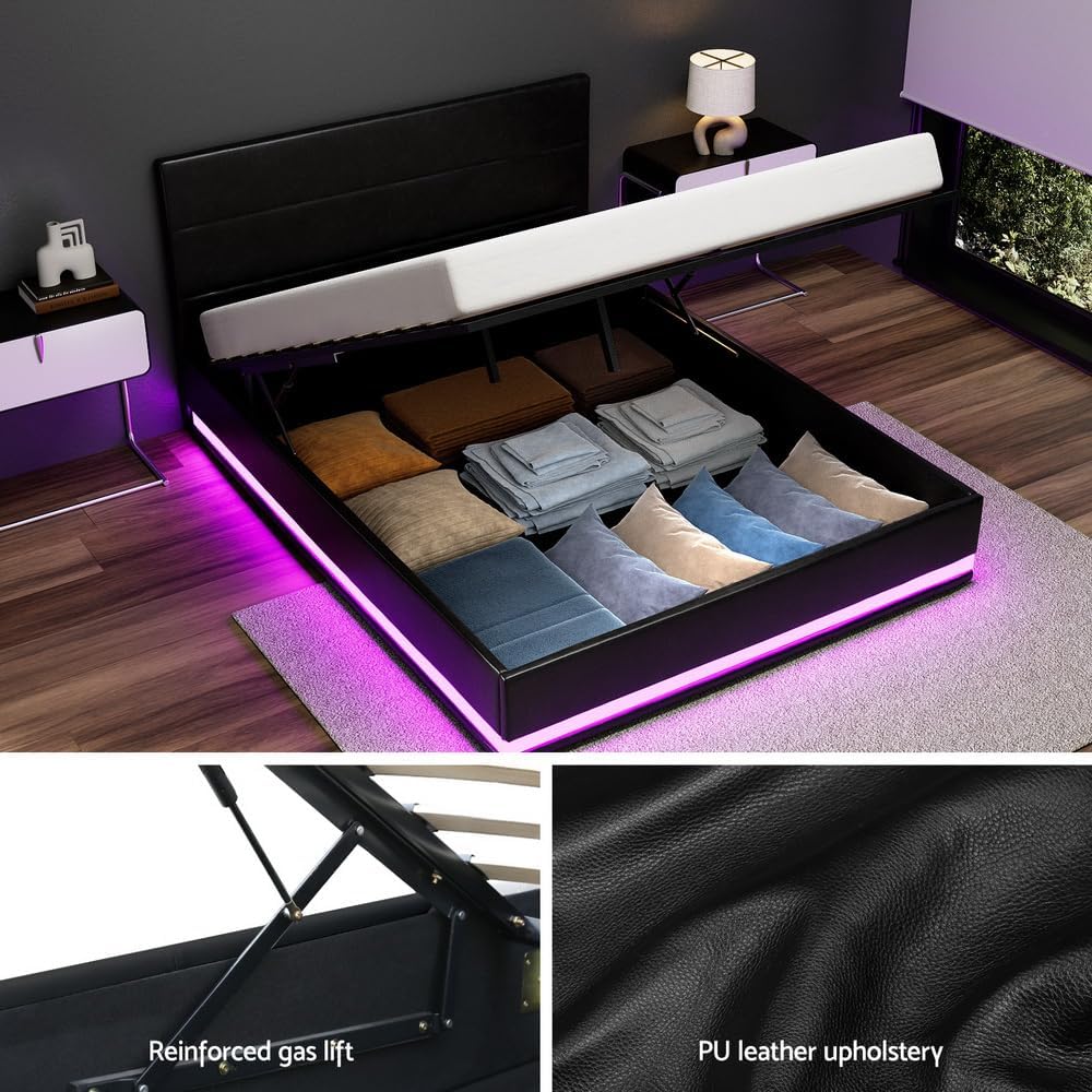 Artiss Queen Bed Frame Platform Headboard RGB LED Gas Lift Beds Base with Storage Space Frames Bedroom Room Decor Home Furniture, Upholstered with Black PVC Leather + Foam + Wood