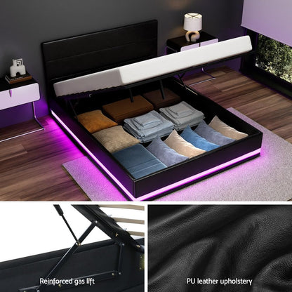 Artiss Queen Bed Frame Platform Headboard RGB LED Gas Lift Beds Base with Storage Space Frames Bedroom Room Decor Home Furniture, Upholstered with Black PVC Leather + Foam + Wood