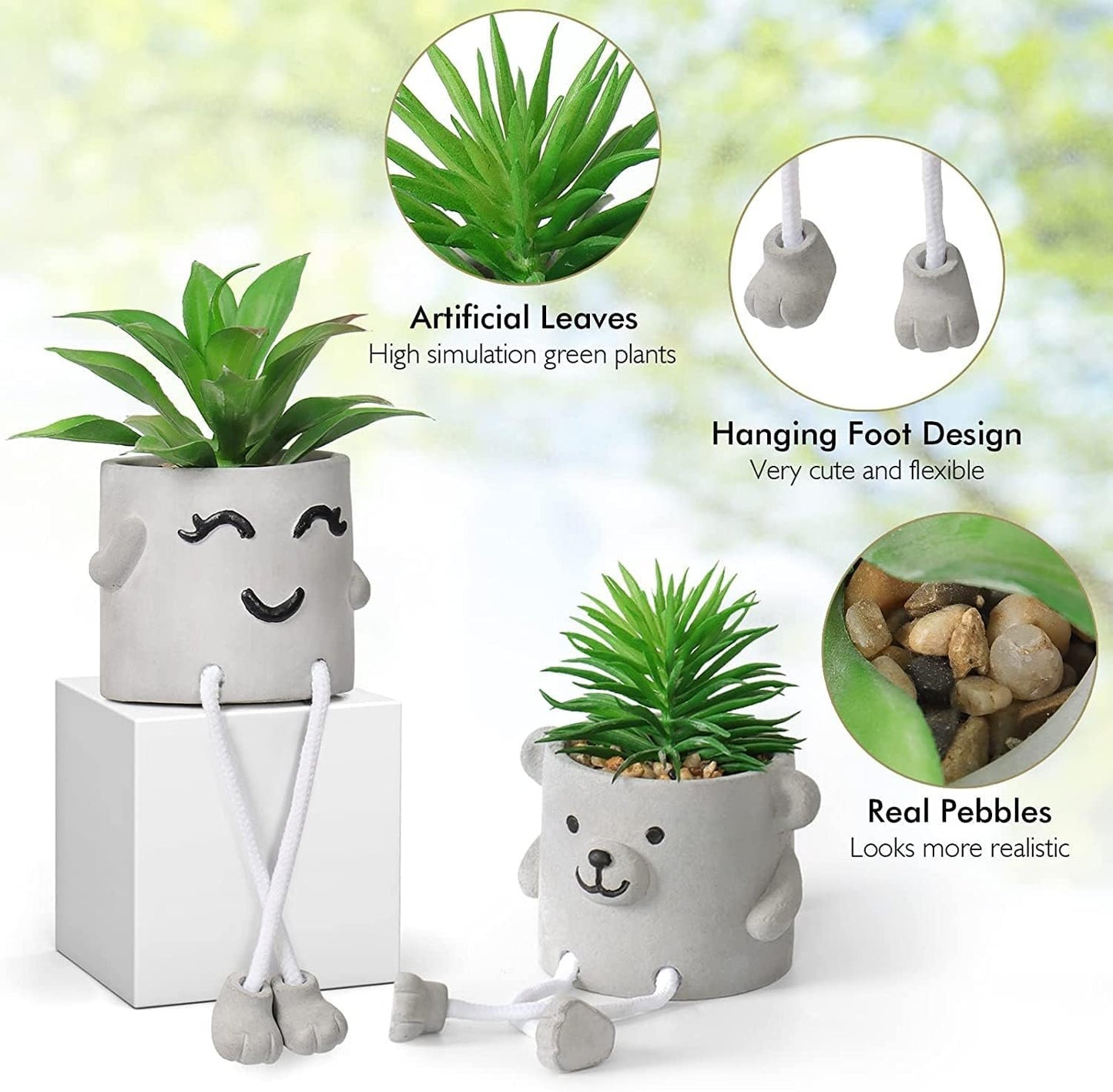 Alynsehom Artificial Potted Plant,Cute Fake Succulent Plant with Hanging Leg,Emotional Cement Faux Succulent Potted Plant Decor for Home Office Table Desk Living Room Shelves(Bear&Smile)