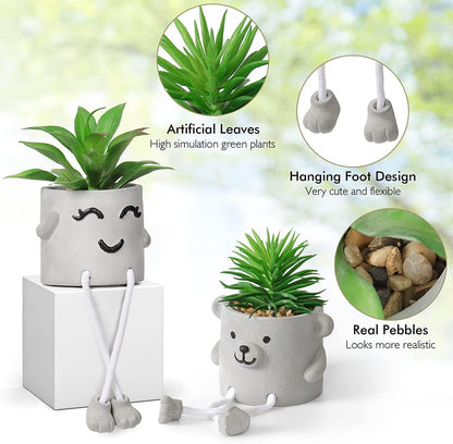 Alynsehom Artificial Potted Plant,Cute Fake Succulent Plant with Hanging Leg,Emotional Cement Faux Succulent Potted Plant Decor for Home Office Table Desk Living Room Shelves(Bear&Smile)