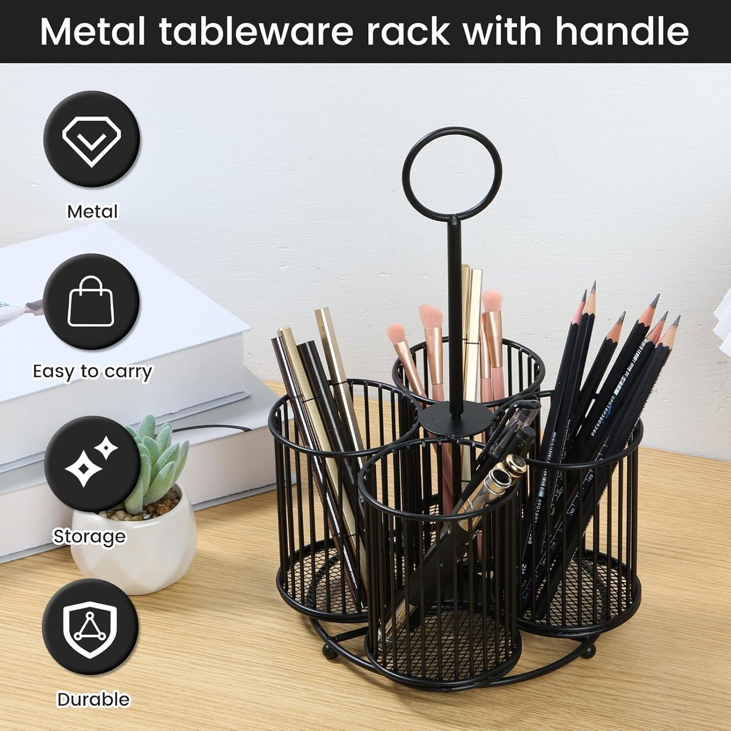Abizarch 360° Rotating Metal Cutlery Holder - 4 Compartment Silverware Utensil Caddy Rotation Fork Spoon Napkin Organizer Flatware Storage Basket Party Countertop Buffet Picnic Camping Outdoor