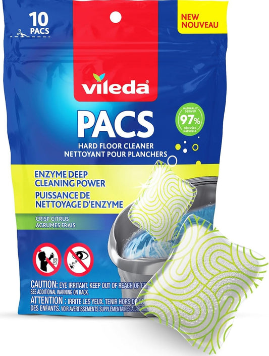 Vileda PACS Floor Cleaner, Crisp Citrus Scent 10 Count (1-Pack) | Made with Naturally-Derived Ingredients | Safe to Use on All Hard Floors | Perfect for Mop Buckets