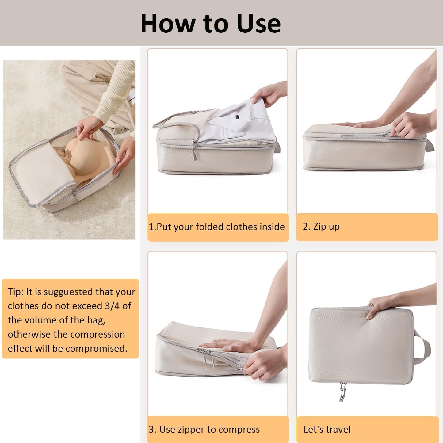 Compression Packing Cubes For Travel Set 8pcs Travel Packing Cubes Set Organisers Accessories Storage Bags Clothing Sorting Packages Expandable Bags for Luggage Suitcase-Beige