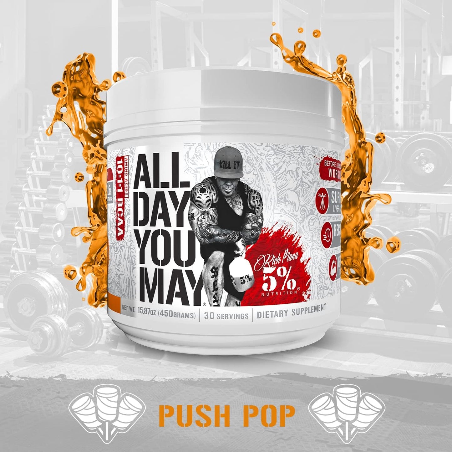 Rich Piana 5% Nutrition AllDayYouMay BCAA Powder, 9g Amino Acids | Elite Intra & Post Workout for Muscle Recovery, Hydration, Endurance, Joint & Liver Support (Push Pop)