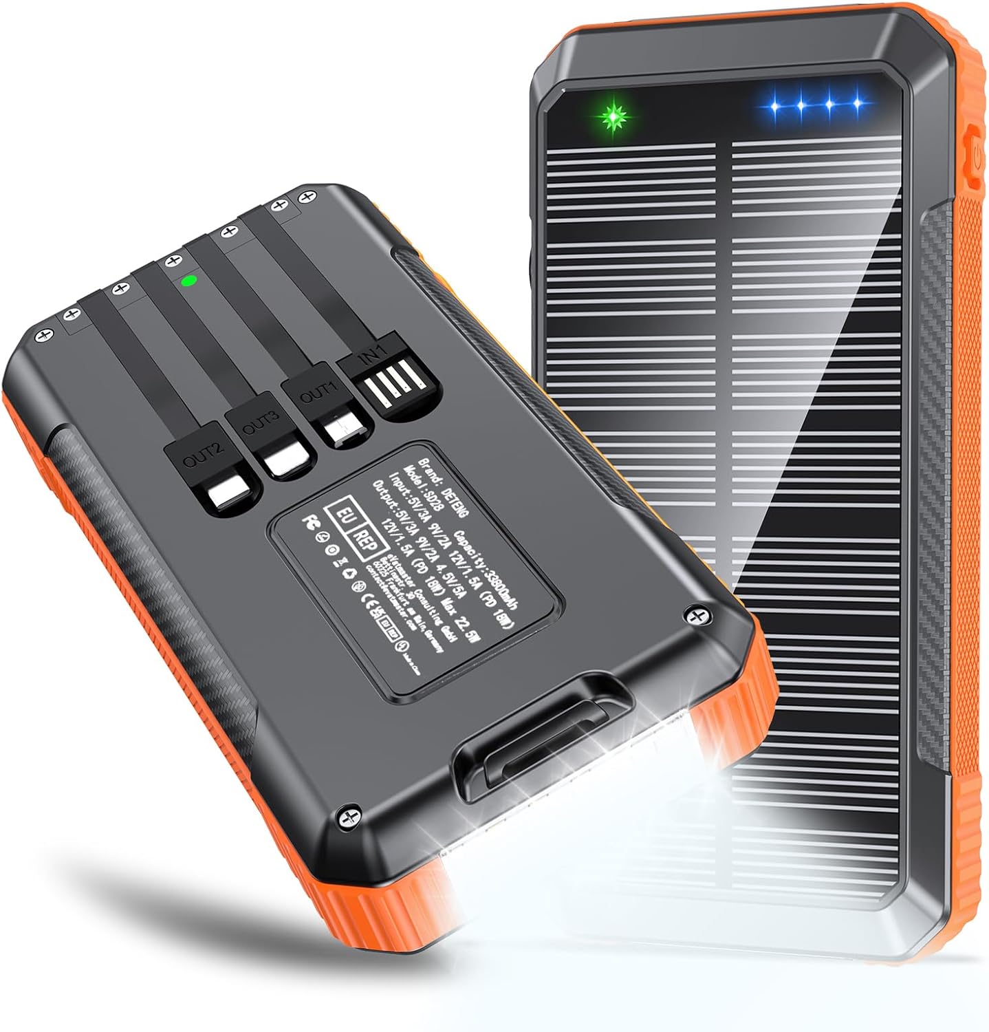 Solar Power Bank 33800mAh Built in 4 Cables, 22.5W USB C Fast Charging Portable Phone Charger, 6 Outputs & 4 Inputs with LED Camping Lights Battery Pack for Outdoor iPhone Samsung Tablet (Orange)