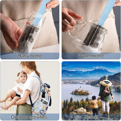 Portable Baby Bottle Brush Travel Set Cleaner, Travel Bottle Cleaning Kit Baby Essentials Newborn Silicone Nipples Cleaning Brushes and Portable Baby Bottle Drying Rack Set Mini Washing Kit Cleaner