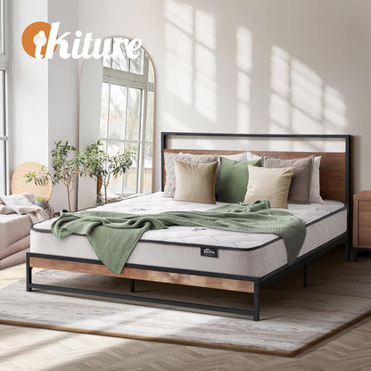 Oikiture Double Size Bed Frame with Mattress Set Metal Bed Base Double Bed Mattress