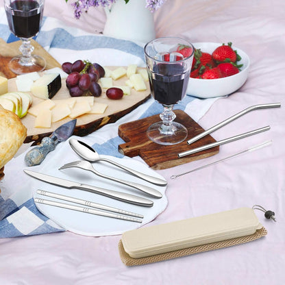 LIANYU 9-Piece Travel Utensils Silverware Set, Stainless Steel Knife Fork Spoon, Chopsticks, Metal Straws, Cleaning Brush, Wheat Case and Bag