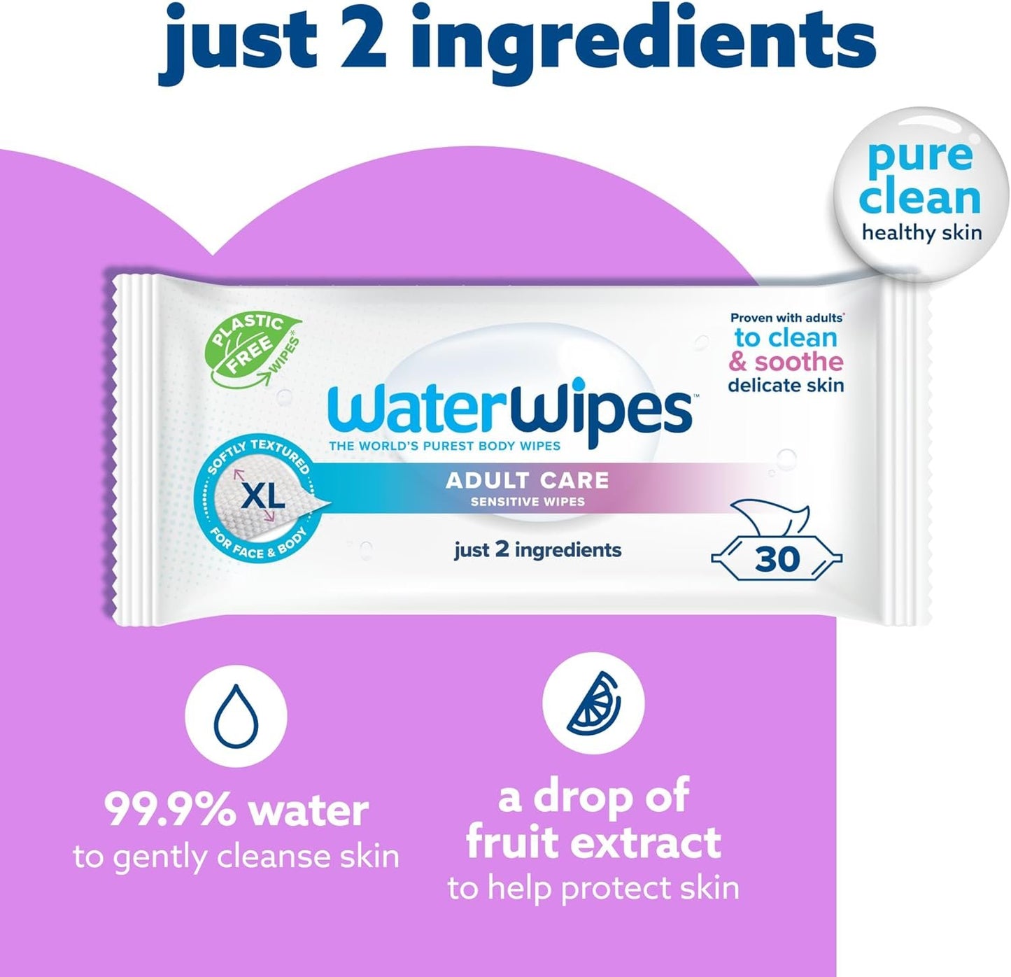 WaterWipes Adult Care Sensitive Body & Intimate Hygiene Wipes, 90 Wipes (3 Packs), Extra Large Textured, 99.9% Water-Based, For Everyday Personal Uses