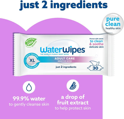 WaterWipes Adult Care Sensitive Body & Intimate Hygiene Wipes, 90 Wipes (3 Packs), Extra Large Textured, 99.9% Water-Based, For Everyday Personal Uses