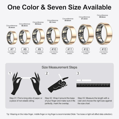 Temdan Smart Ring (Upgraded), Wearable Fitness Smart Ring Health Tracker, Sleep Quality & Heart Rate & Blood Oxygen Monitoring, IP68 Waterproof, No Subscription Fees, Smart Ring, Gold, Size 7
