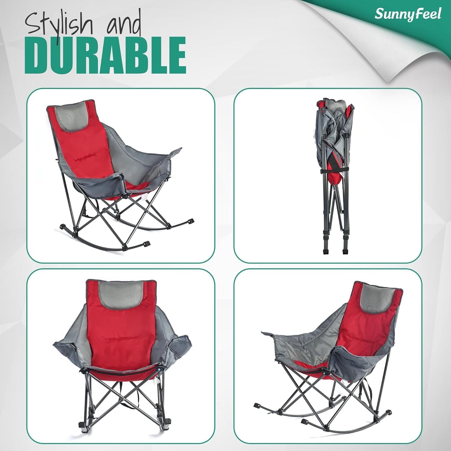 Sunnyfeel Camping Rocking Chair for Adults, Luxury Padded Recliner, Oversized Folding Rocker, Outdoor Lawn Chair (Red)