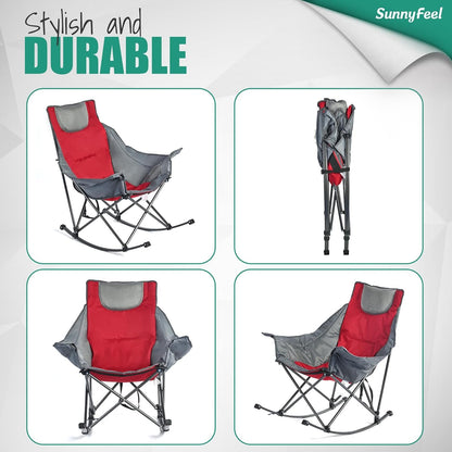 Sunnyfeel Camping Rocking Chair for Adults, Luxury Padded Recliner, Oversized Folding Rocker, Outdoor Lawn Chair (Red)