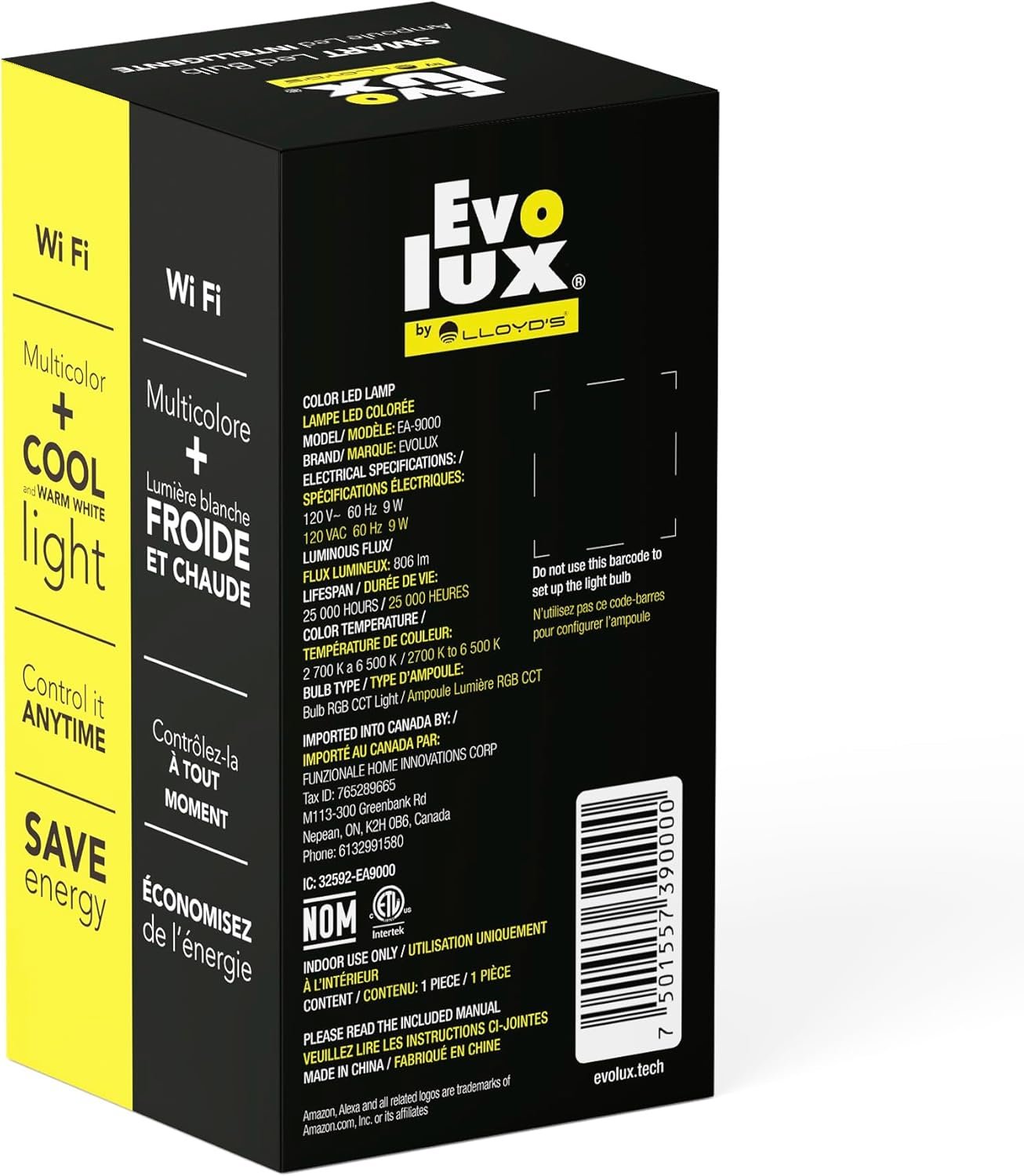 WiFi LED Dimmable Smart Light Bulb (E26) - Ampoule Intelligente - Smart Bulbs Alexa Compatible - Colour Changing, 806 Lumens - Energy Saver for 2.4 GHz Networks No Hub Needed - Warm & Cool White Light