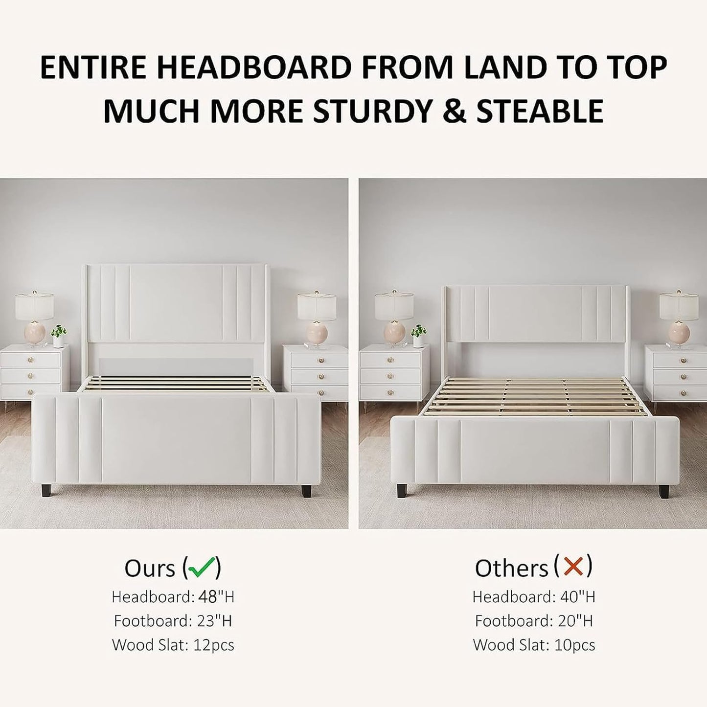 Jocisland Queen Size Platform Bed Frame, Upholstered Bed with Vertical Channel Tufted Wingback Headboard & Footboard, Premium Velvet, No Box Spring Needed, Cream