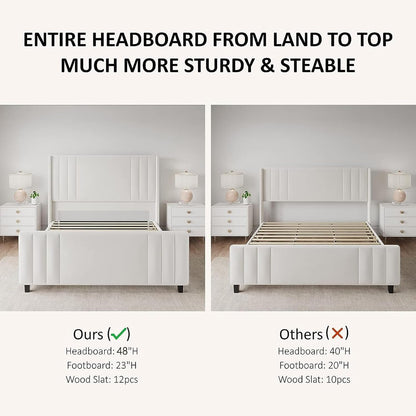Jocisland Queen Size Platform Bed Frame, Upholstered Bed with Vertical Channel Tufted Wingback Headboard & Footboard, Premium Velvet, No Box Spring Needed, Cream