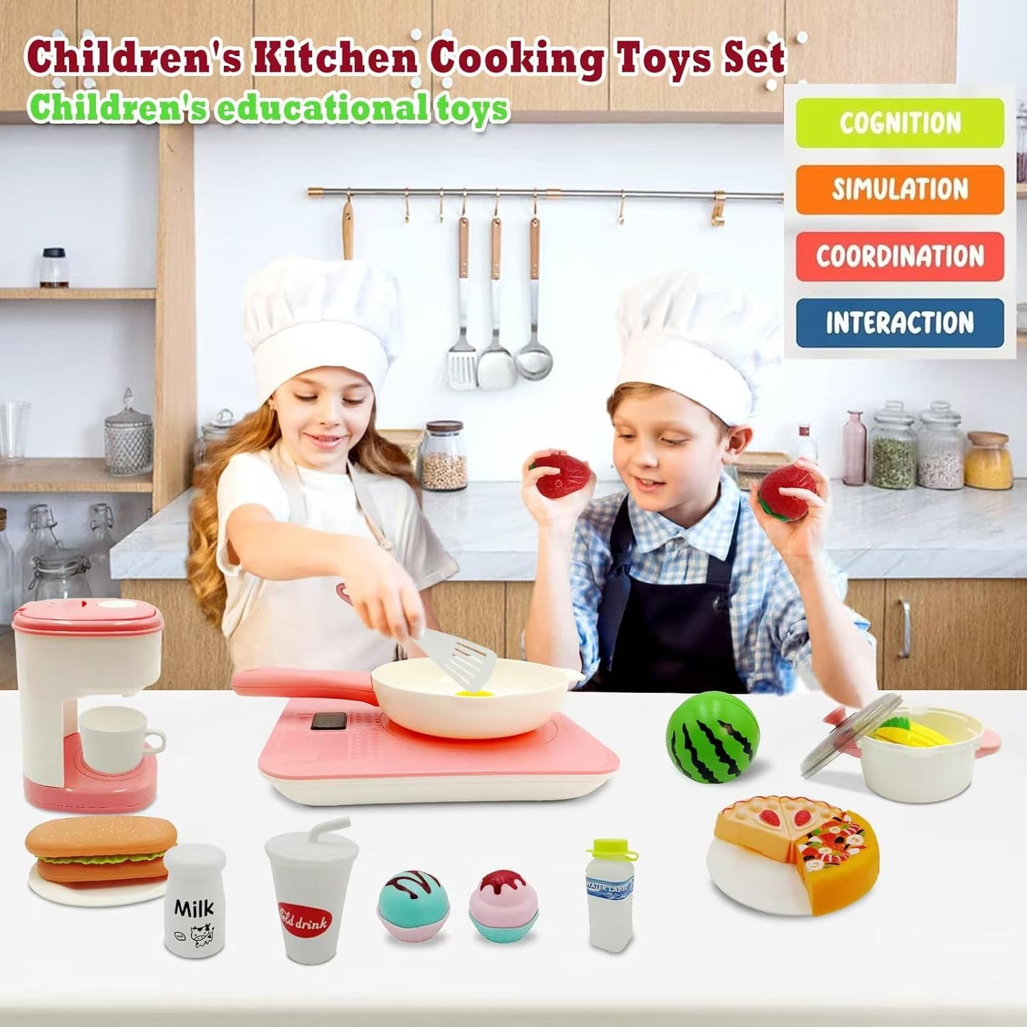 LESUNTINGKY 48-Piece Toddler Cooking Set with Realistic Stove & Utensils – Pretend Play Kitchen Toys for Kids (3-8 Years) BPA-Free, Skill-Developing, Christmas Birthday Gift