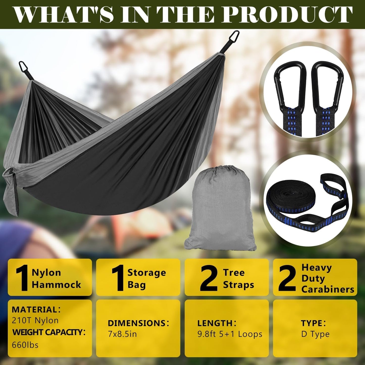 Single Double Camping Hammock with Tree Straps, 660lbs Portable Nylon Hammock for Outdoors, Camping, Backpacking, Beach, Travel,Garden and Courtyard