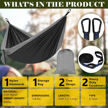 Single Double Camping Hammock with Tree Straps, 660lbs Portable Nylon Hammock for Outdoors, Camping, Backpacking, Beach, Travel,Garden and Courtyard