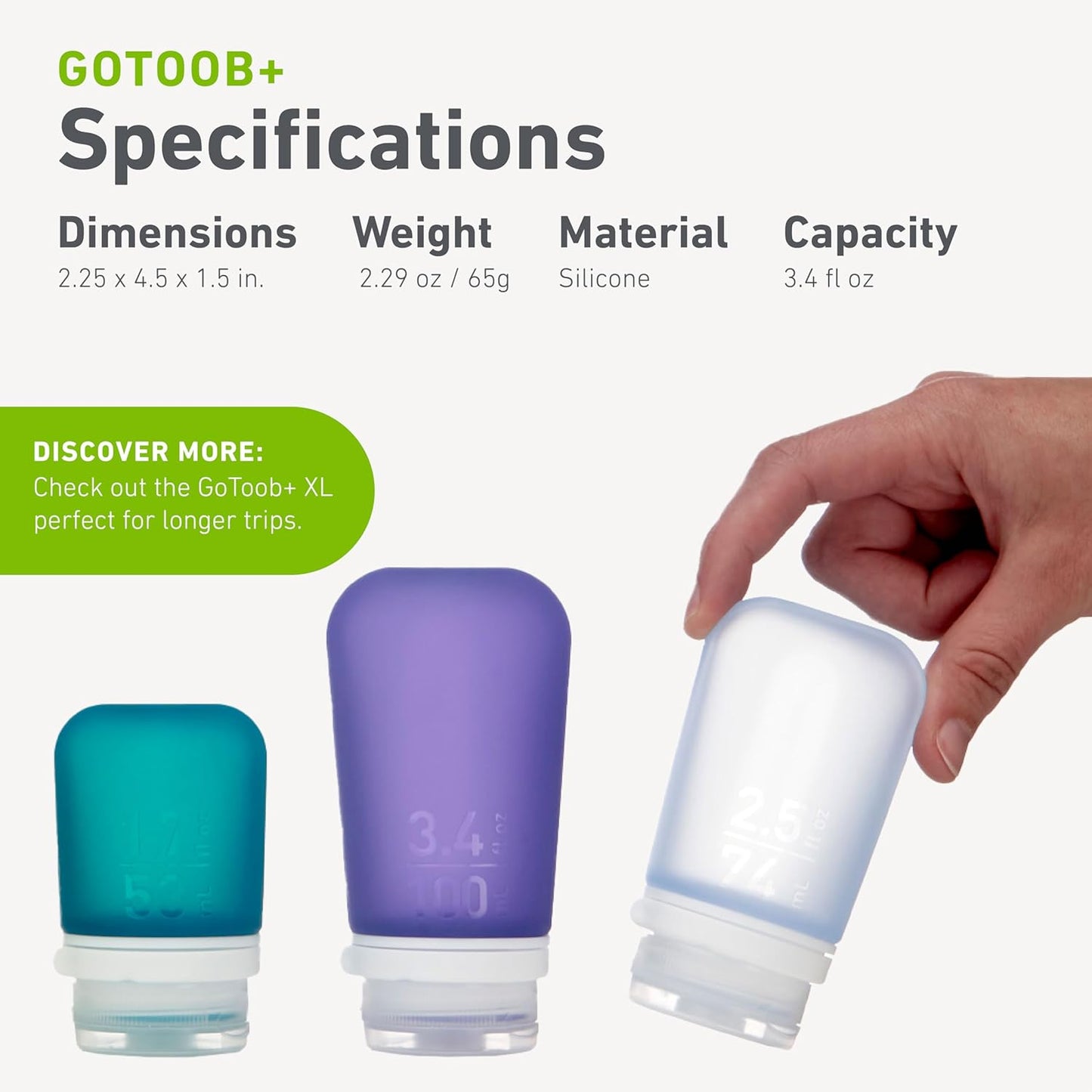 humangear Gotoob+ Silicone Travel Bottle with Locking Cap, 3-Pack, Large (3.4oz)