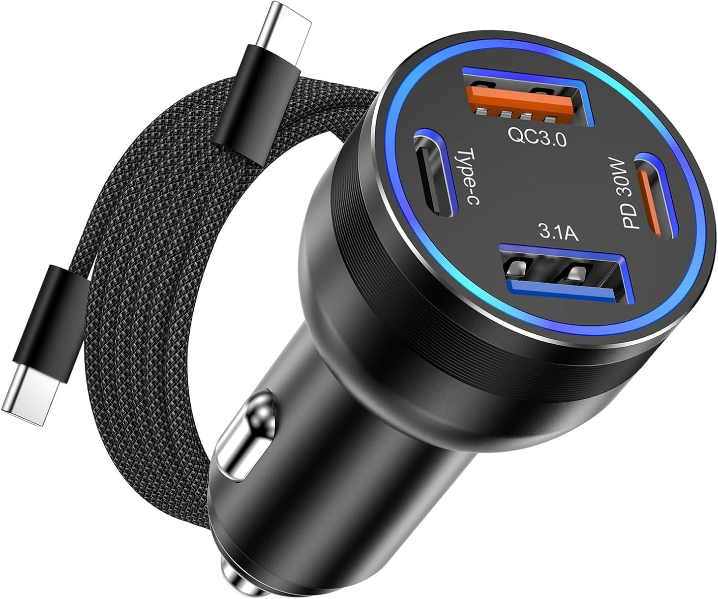 iPhone 15/16 65W 4 Port USB C Car Charger Cigarette Lighter Adapter Fast Charging with 6ft Braided USB C Cable for iPhone 15/16/16 Plus/16 Pro Max, iPad Pro/Air/Mini