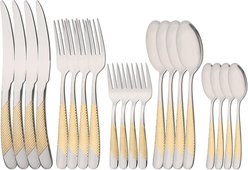 Uniturcky 20PCS Silverware Set, 18/0 Stainless Steel Flatware Set for 4, Kitchen Utensil Cutlery Set, Include Dinner Knife/Fork/Spoon, Teaspoon/Cake Fork, Mirror Polished, Silver with Gold Handle