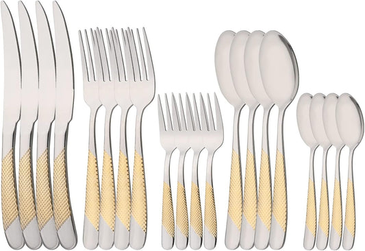 Uniturcky 20PCS Silverware Set, 18/0 Stainless Steel Flatware Set for 4, Kitchen Utensil Cutlery Set, Include Dinner Knife/Fork/Spoon, Teaspoon/Cake Fork, Mirror Polished, Silver with Gold Handle