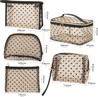 Adorila Mesh Makeup Bags, Heart Print Zipper Mesh Storage Pouch, Travel Cosmetic Accessories Organizer for Women, beige-set of 5