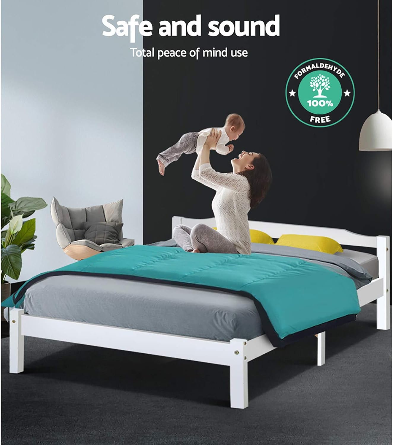 Artiss Bed Frame Wooden Double Size, White Classic Platform Bed Base with Headboard, Solid Pine Double Bed Base, 26CM Under Bed Storage, 300kg Capacity Timber Platform Bed Frame for Guest Room