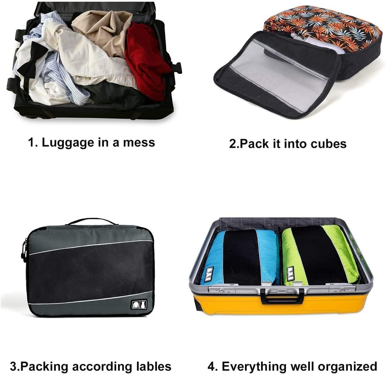Komugi 8 Set Packing Cubes - Waterproof Mesh Travel Luggage Packing Organizer (Black&gray)