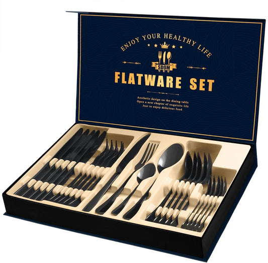 Black Silverware Set, 24-Piece Mirror Polished Flatware Set for 6, Food-Grade Stainless Steel Cutlery Set, Includes Spoons Forks Knives, Kitchen Utensil Set for Home and Restaurant, Dishwasher Safe