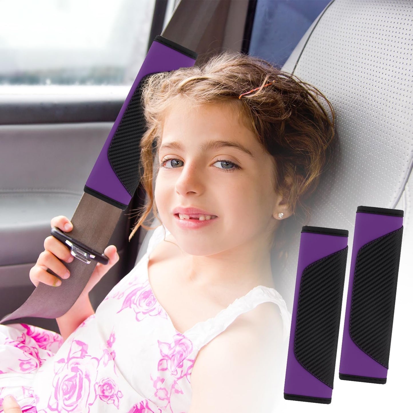 2PCS Car Seatbelt Covers,Leather Seat Belt Pad with Carbon Fiber Design for Car Decorations & Shoulder Protections,Universal Car Accessories Interior Seatbelt Cushion (Purple)